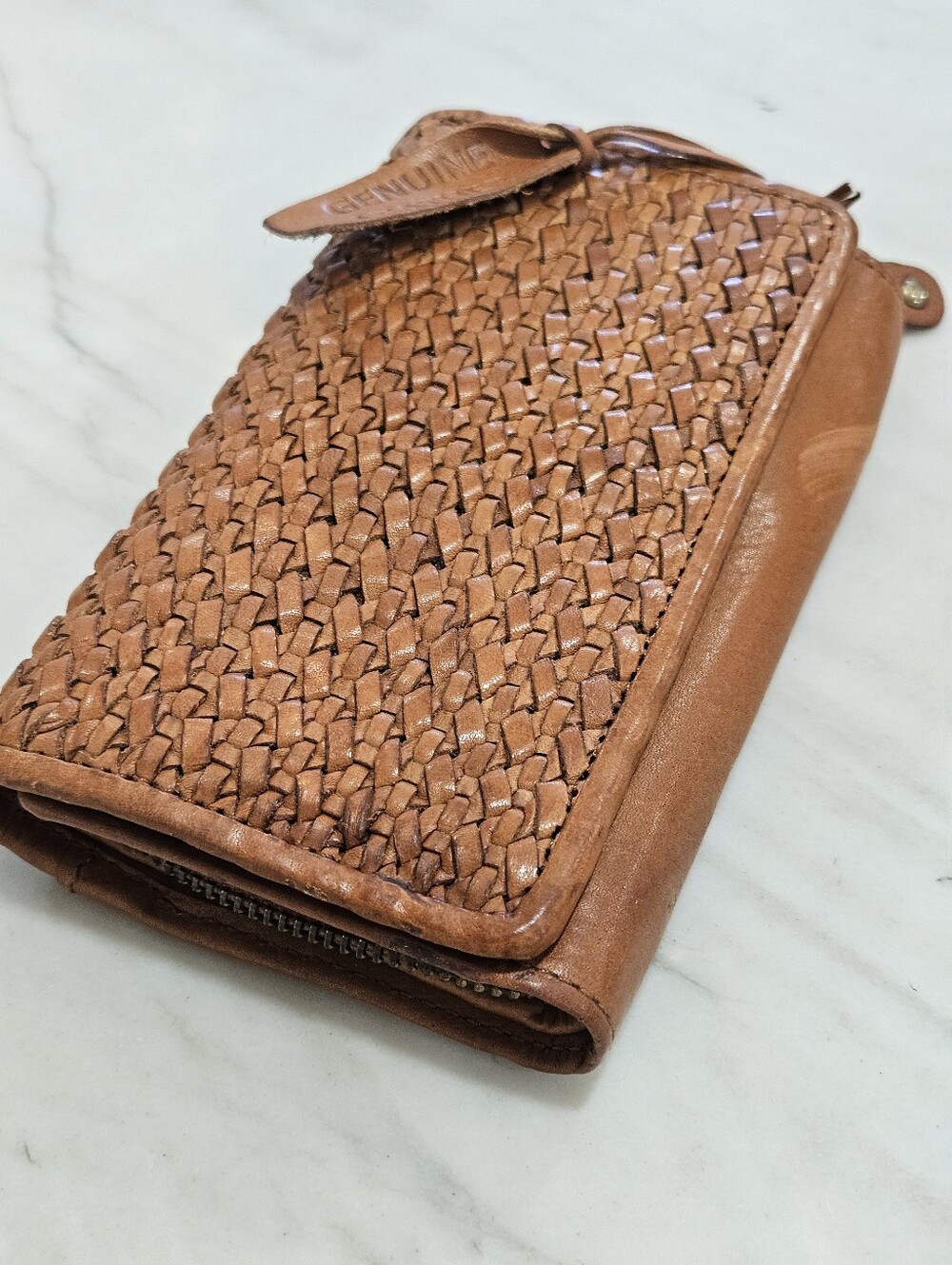 GENUINE LEATHER Woven Leather Wallet in Brown